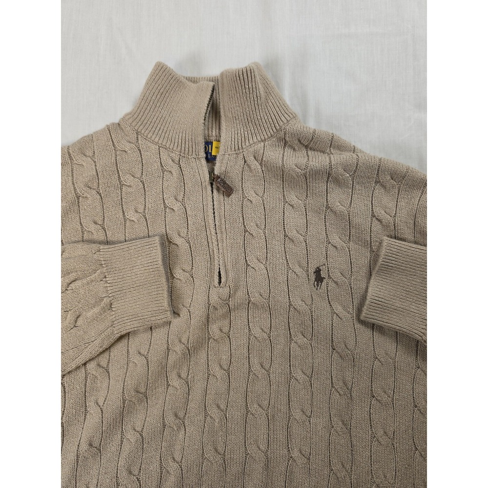 Polo Ralph Lauren Sweater Mens 2XL Beige Cable Knit 1/4 Zip Mock Neck Pullover